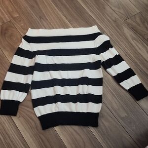 Black and White Striped Women's Off Shoulder Light Vintage Sweater